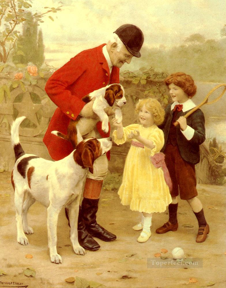 The Huntsmans Pet enfants idylliques Arthur John Elsley enfants animaux Peintures à l'huile